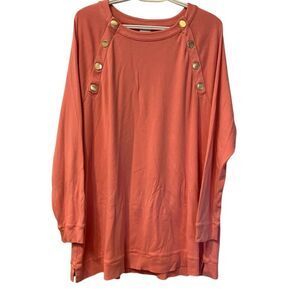 Chicos Coral Pink Pima Cotton Gold Button Shoulder Tunic Top XL‎ Size 3